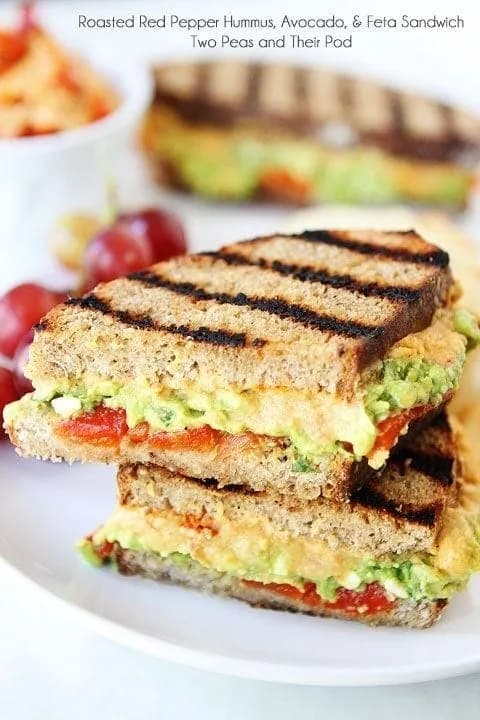 Roasted Red Pepper Hummus, Avocado, & Feta Sandwich