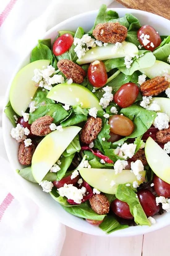 Apple, Grape, and Candied Pecan Salad with Maple-Mustard Dressing