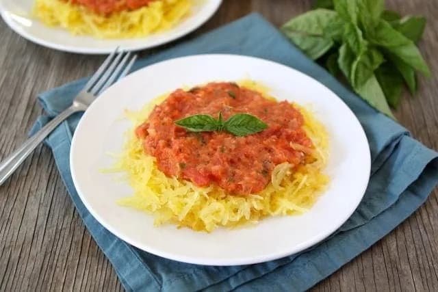 Baked Spaghetti Squash with Creamy Roasted Red Pepper Sauce