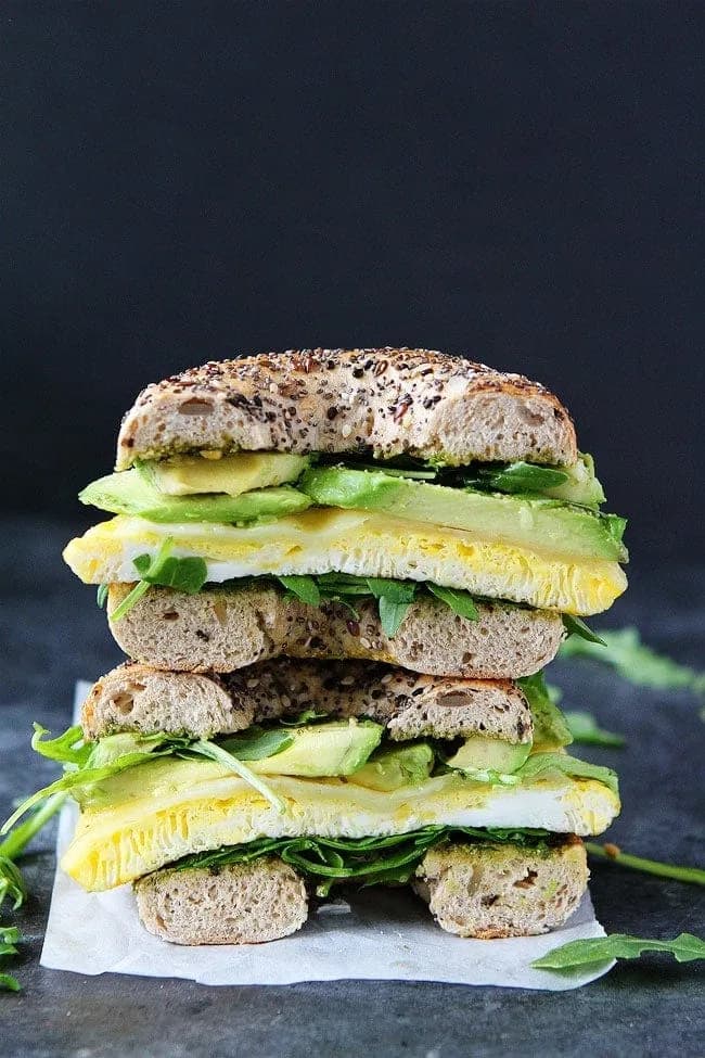 Egg, Avocado, and Pesto Bagel Sandwich