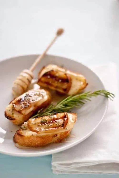 Grilled Pear, Honey, and Brie Crostini