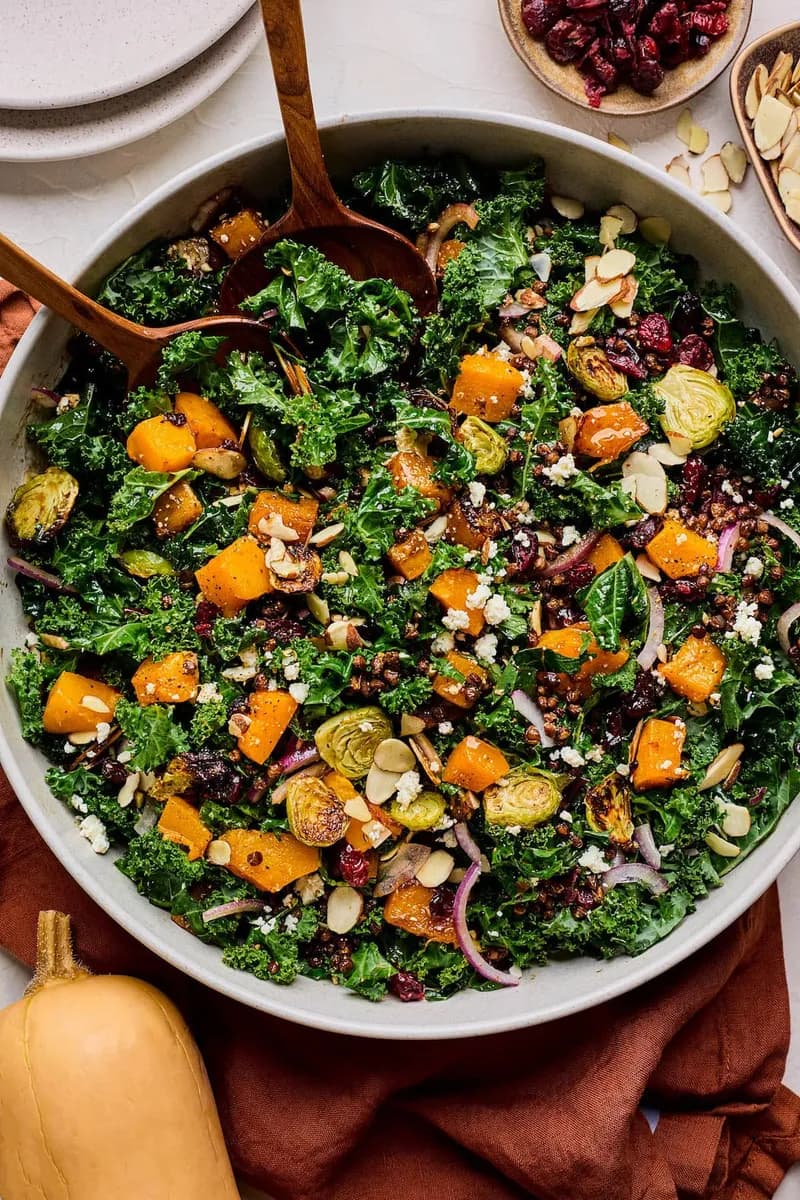 Kale Salad with Roasted Vegetables and Crispy Lentils