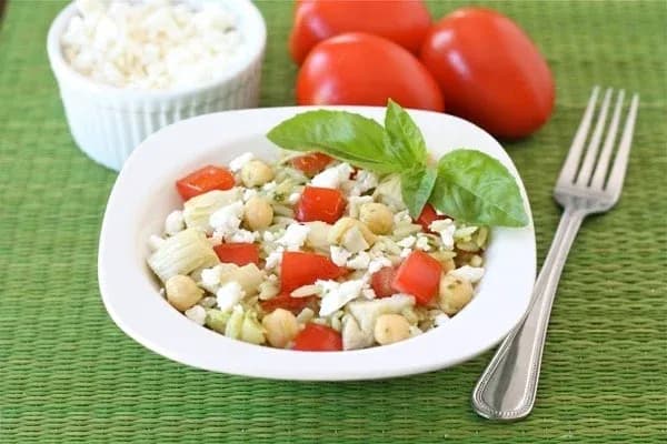 Orzo Salad with Artichokes, Tomatoes, Chickpeas, Feta & Lemon Basil Dressing