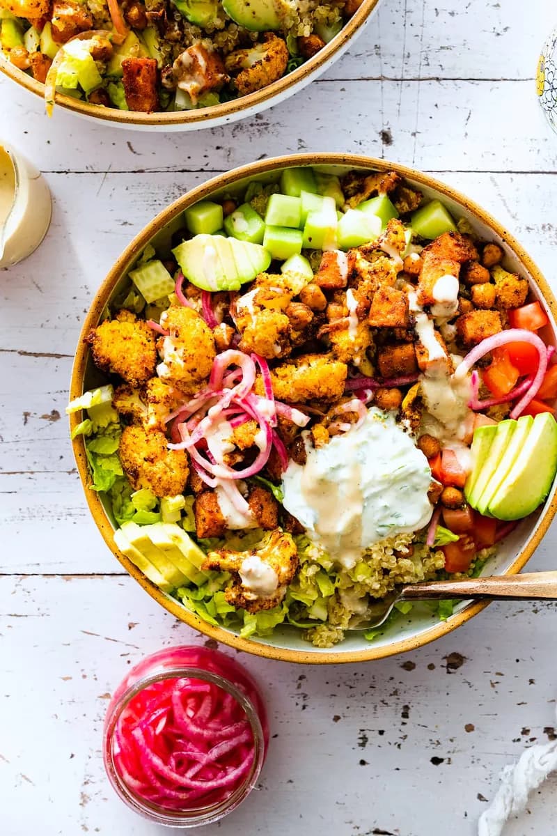 Roasted Cauliflower, Sweet Potato, Chickpea Bowl
