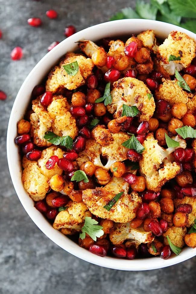 Roasted Cauliflower with Chickpeas and Pomegranate