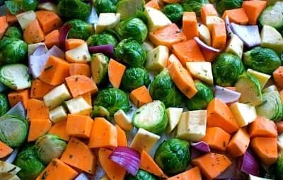 Roasted Sweet Potatoes, Yams, and Brussels Sprouts with Fresh Rosemary
