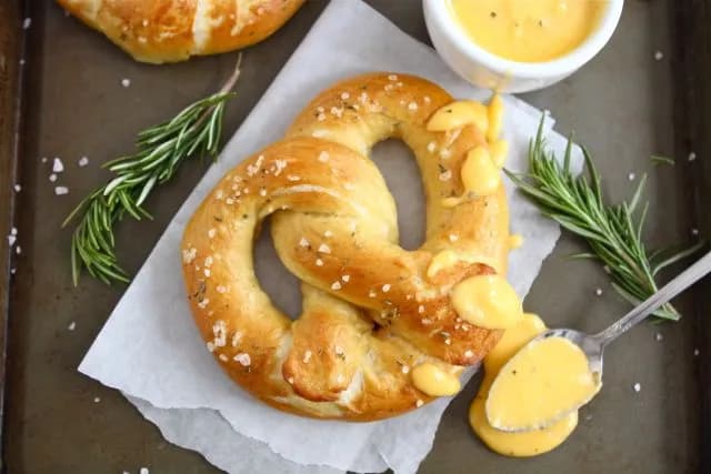 Rosemary Sea Salt Pretzels with Rosemary Cheddar Cheese Sauce