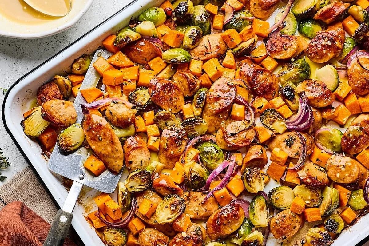 Sheet Pan Sausage and Veggies with Maple Dijon Sauce