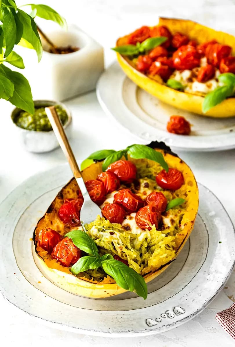 Spaghetti Squash with Pesto, Mozzarella & Roasted Tomatoes