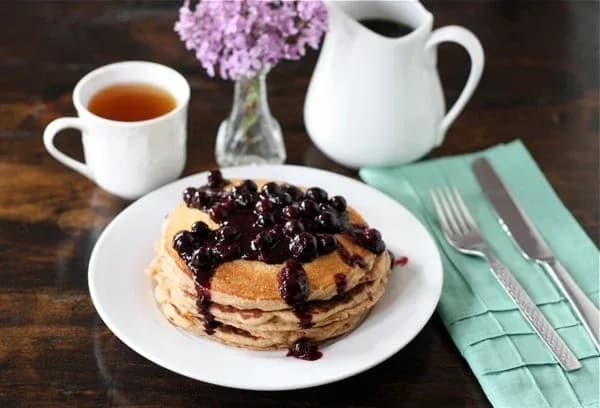Whole Wheat Kefir Pancakes with Blueberry Sauce